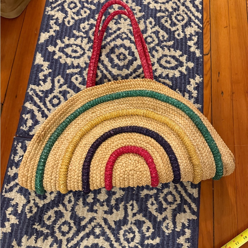 Rainbow Straw Woven Tote Bag – Colorful Arc Design – Boho Summer Beach Purse